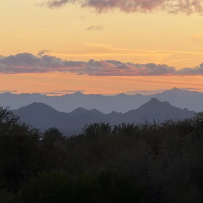 A scenic view of layered mountain ranges silhouetted against a vibrant orange and pink sunset sky. In the foreground, dark desert vegetation and shrubs are visible under the fading light.