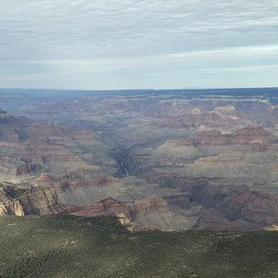 This wide-angle landscape photograph captures the vast expanse of the Grand Canyon under a partly cloudy sky. The layered rock formations in shades of red, orange, and grey stretch across the horizon, with a green, forested rim visible in the foreground.
