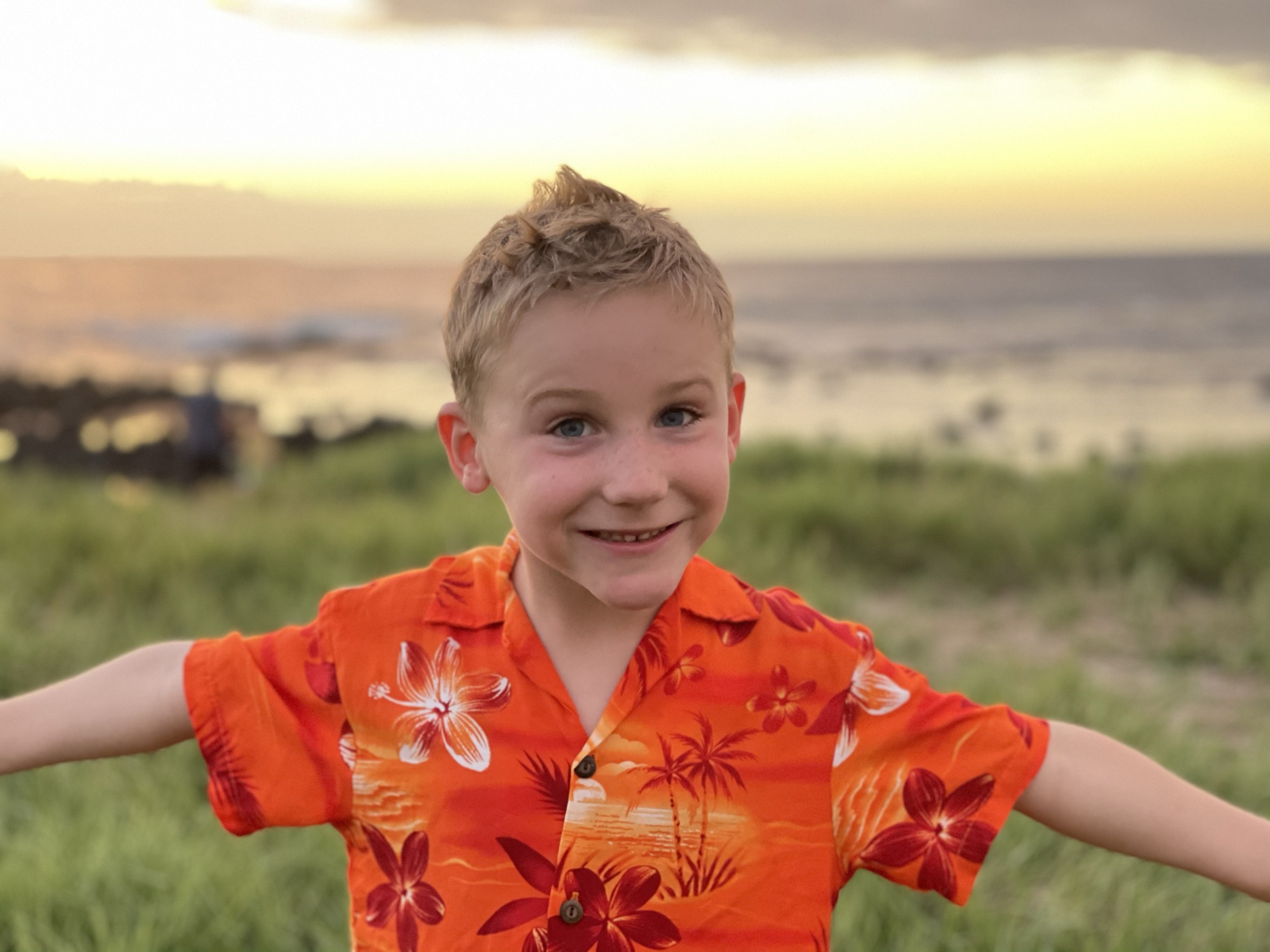 A young boy wearing an orange Hawaiian shirt smiles with his arms outstretched in a grassy area. In the background, the ocean is visible under a sunset sky.