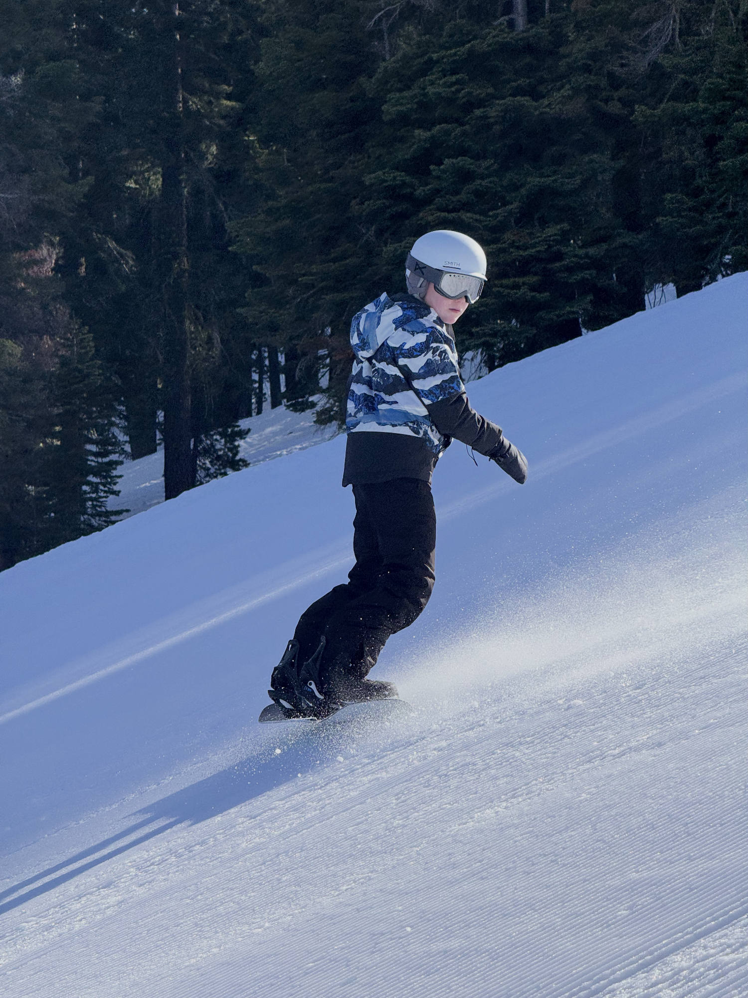 A person wearing a white helmet, goggles, and winter gear is snowboarding down a groomed, snowy slope. The background features a dense forest of evergreen trees under bright daylight.