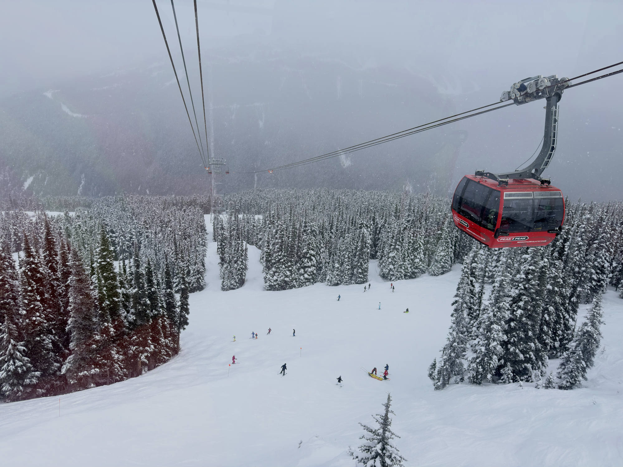 A red Peak 2 Peak gondola cabin travels along cables high above a snow-covered ski resort in Whistler Blackcomb, British Columbia. Below, skiers and snowboarders navigate the snowy slopes surrounded by dense, snow-dusted evergreen forests under a foggy, overcast sky.