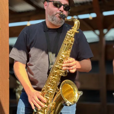 A man wearing a hat, sunglasses, and a black t-shirt plays a brass saxophone outdoors. He is standing under a wooden structure with a corrugated metal roof.
