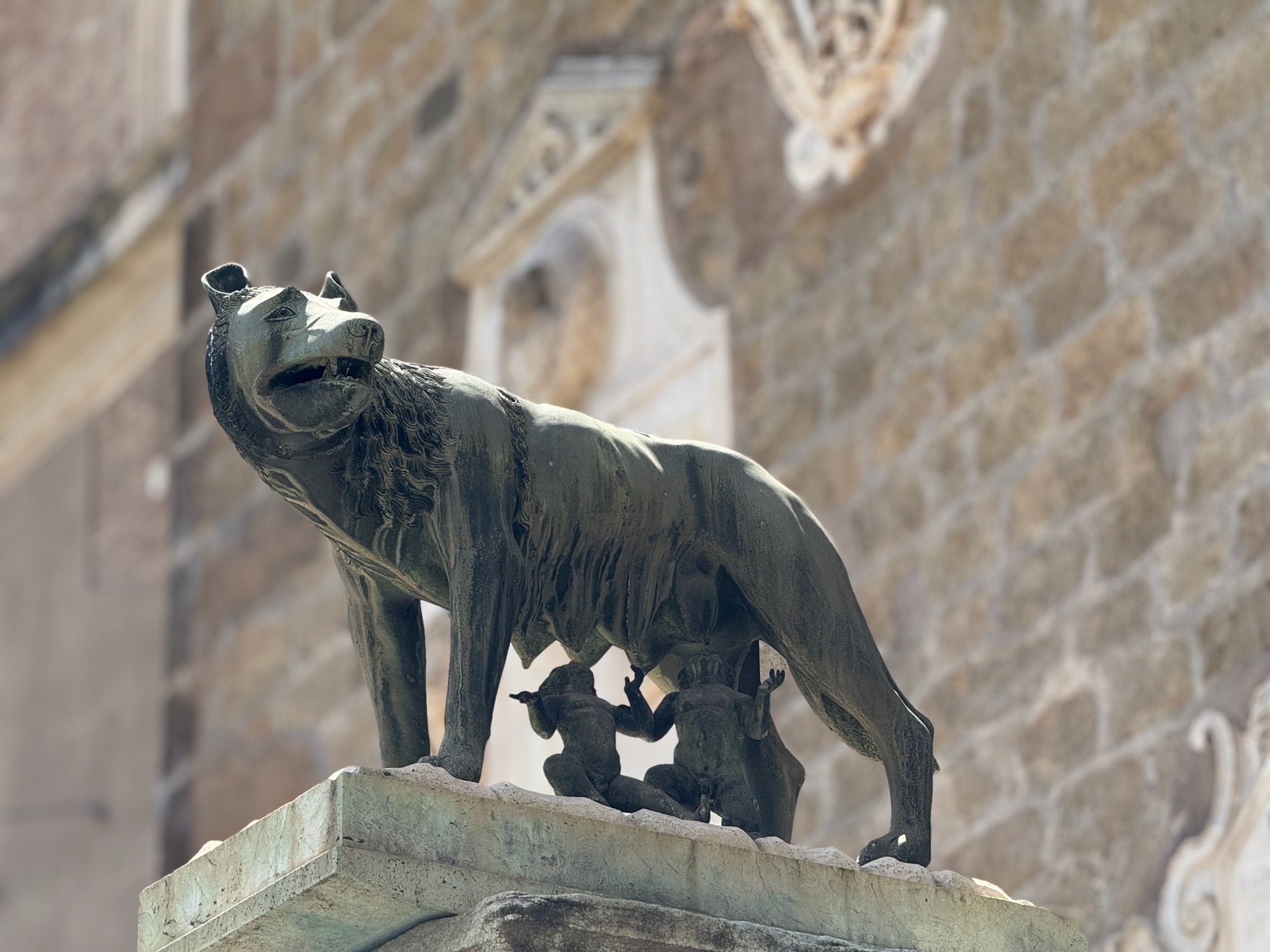 A close-up shot features a bronze statue of the Capitoline Wolf nursing the twins Romulus and Remus, positioned outdoors on a stone pedestal. The sculpture is set against the blurred background of a historic stone building facade.