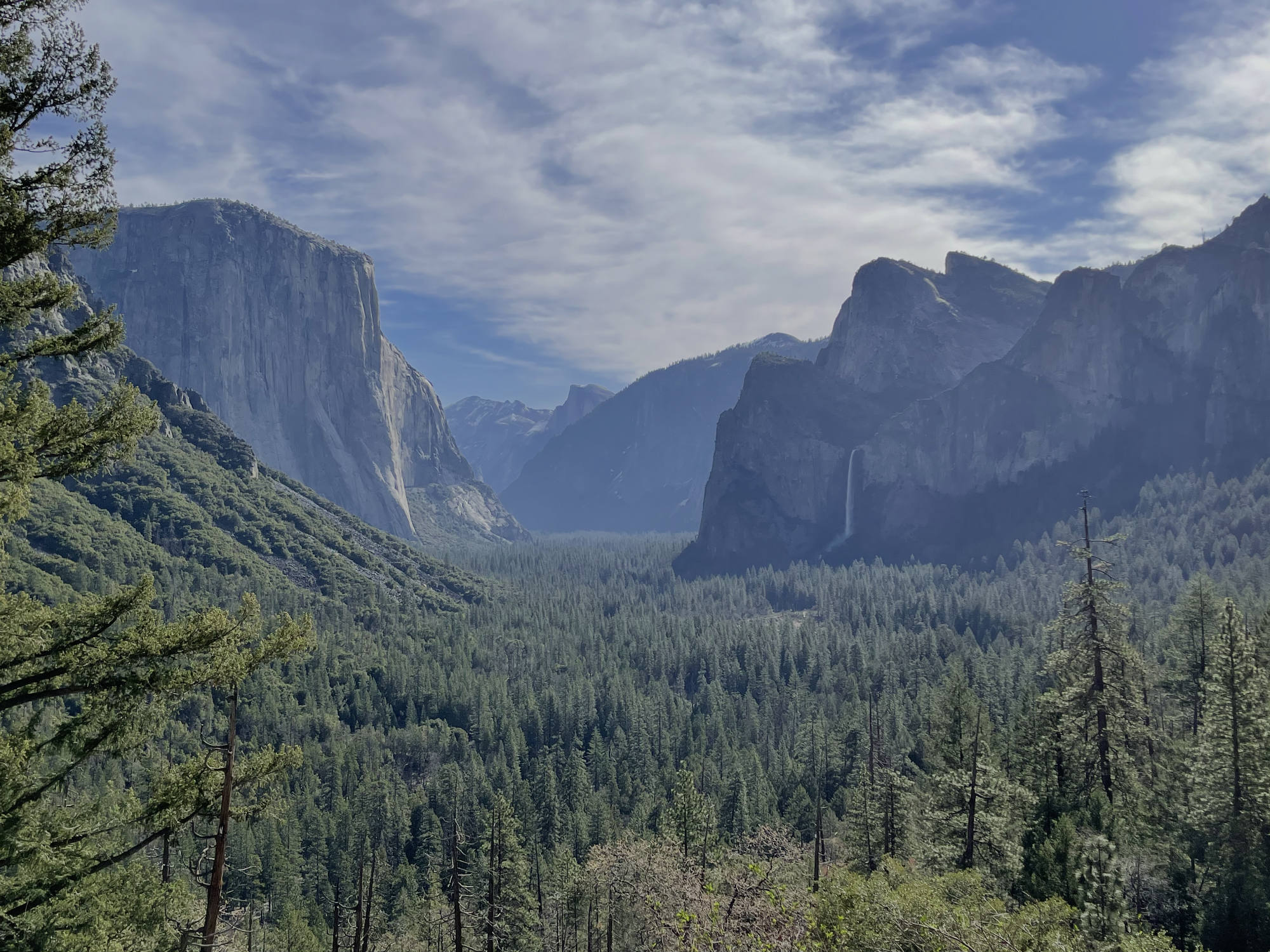 This landscape photograph captures the iconic Tunnel View in Yosemite National Park, featuring El Capitan on the left, Bridalveil Fall on the right, and Half Dome in the distant background. The vast valley is filled with a dense evergreen forest under a partly cloudy blue sky.