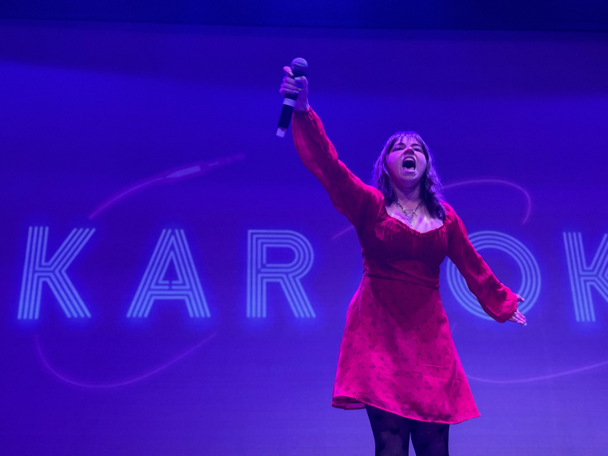 A woman in a red dress sings passionately into a microphone on a stage with purple lighting. Behind her, a large screen displays the word "KARAOKE" in a stylized, glowing font.