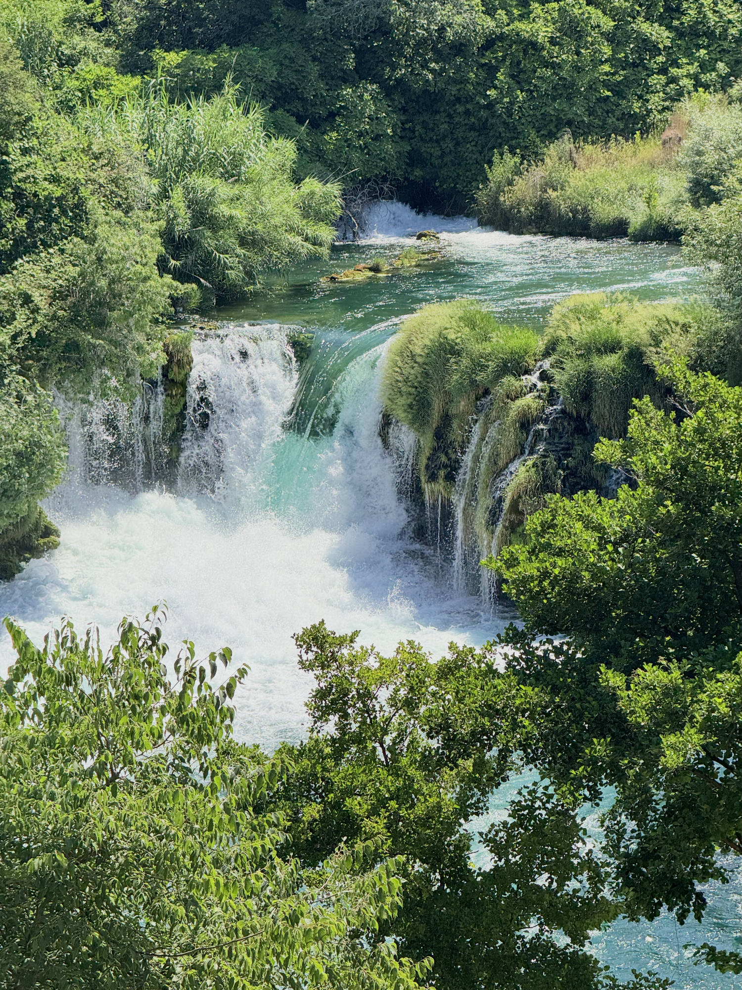 A scenic waterfall cascades over mossy rocks and lush vegetation into a churning pool of turquoise water. The natural landscape is surrounded by dense green trees and foliage under bright daylight.