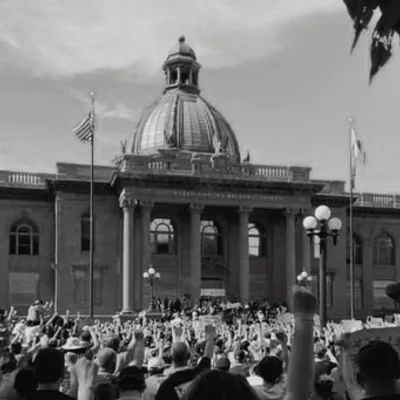 A large crowd of people is gathered outside a domed government building, raising their fists in protest. This black-and-white photograph captures the demonstration from behind the crowd, looking toward the building's entrance.