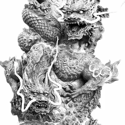 This black and white close-up photograph features a highly detailed, ornate stone pillar carved with two Chinese dragons. The sculpture is set against a plain white background, highlighting the intricate textures of the scales, whiskers, and swirling clouds.