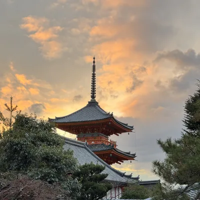 A multi-tiered Japanese pagoda with a red and black exterior rises above surrounding temple roofs and green trees. The scene is set against a dramatic sky filled with clouds illuminated by a golden sunset.