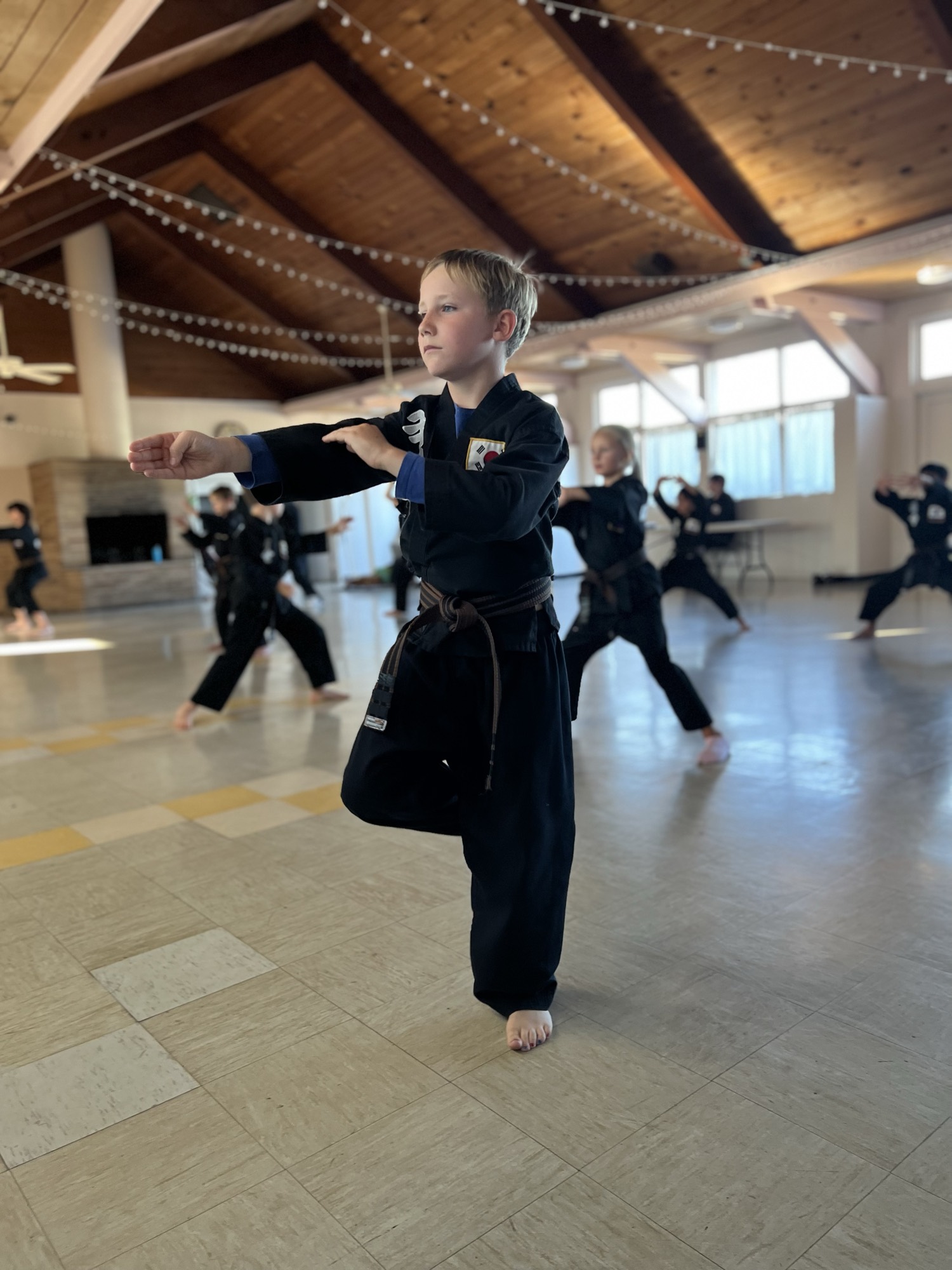 A young boy in a black martial arts uniform and brown belt practices a stance on one leg in the foreground of a spacious indoor hall with a vaulted wooden ceiling. In the background, other children in matching uniforms are also practicing martial arts poses.