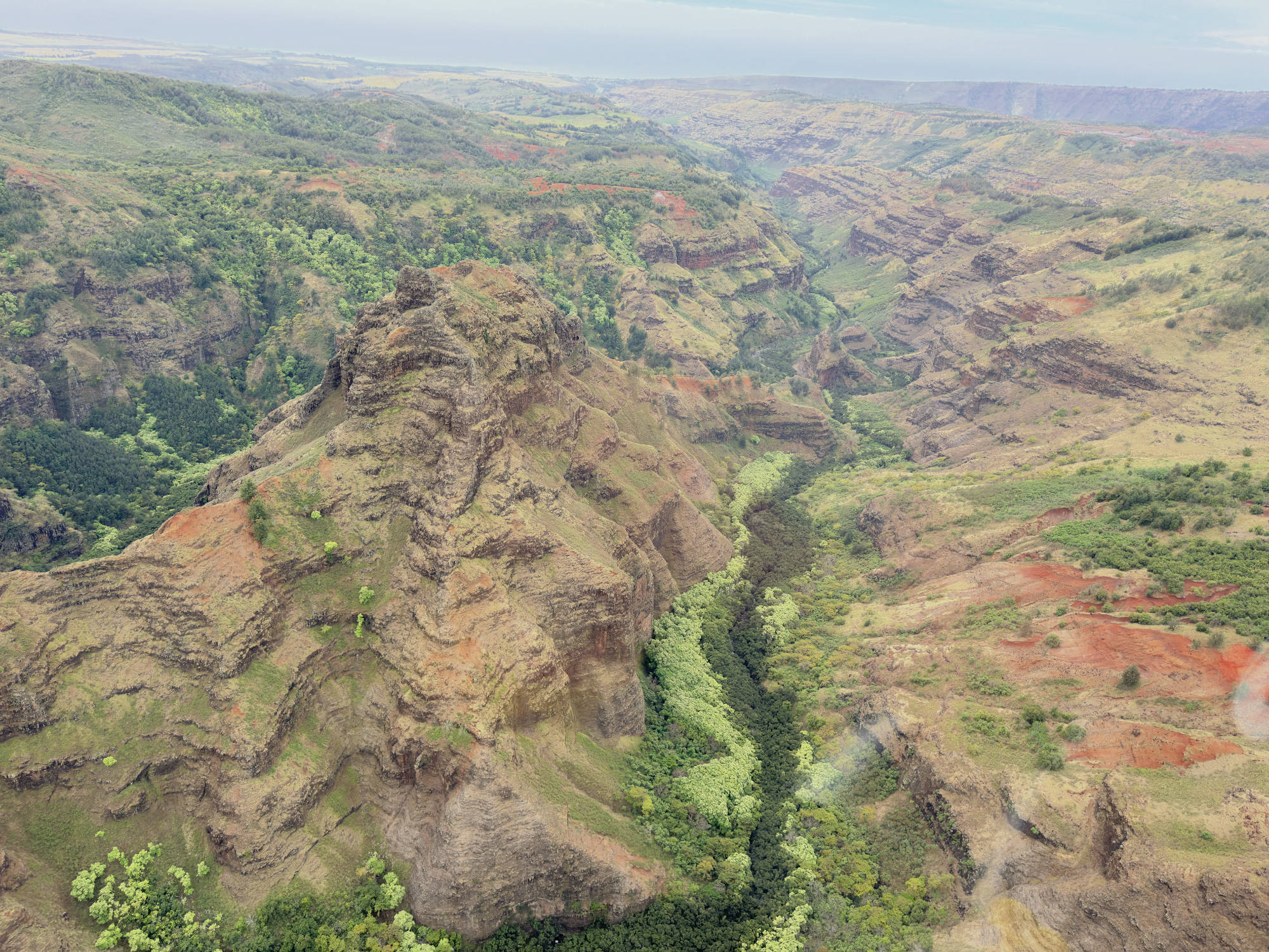 An aerial view captures a vast canyon landscape featuring a prominent, rugged mountain peak in the foreground and a deep valley filled with green vegetation. The surrounding terrain consists of layered rock formations in shades of brown, red, and green under a slightly overcast sky.