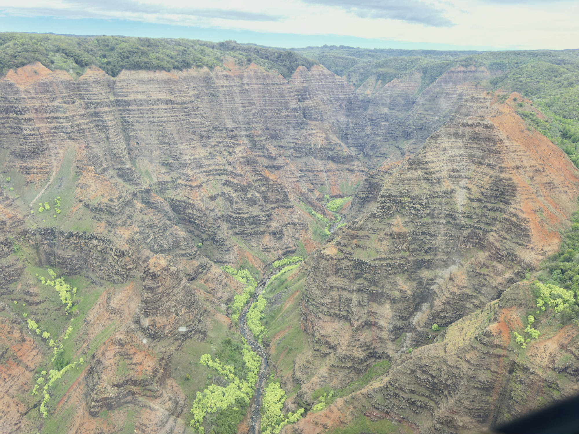 An aerial view captures the vast, rugged expanse of Waimea Canyon in Kauai, Hawaii, showcasing its steep, layered rock formations in shades of brown, red, and green. A narrow river winds through the lush valley floor, surrounded by dense vegetation under a cloudy sky.