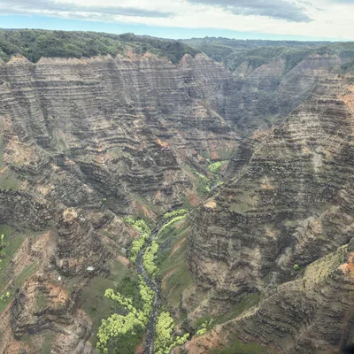 An aerial view captures the vast, rugged expanse of Waimea Canyon in Kauai, Hawaii, showcasing its steep, layered rock formations in shades of brown, red, and green. A narrow river winds through the lush valley floor, surrounded by dense vegetation under a cloudy sky.