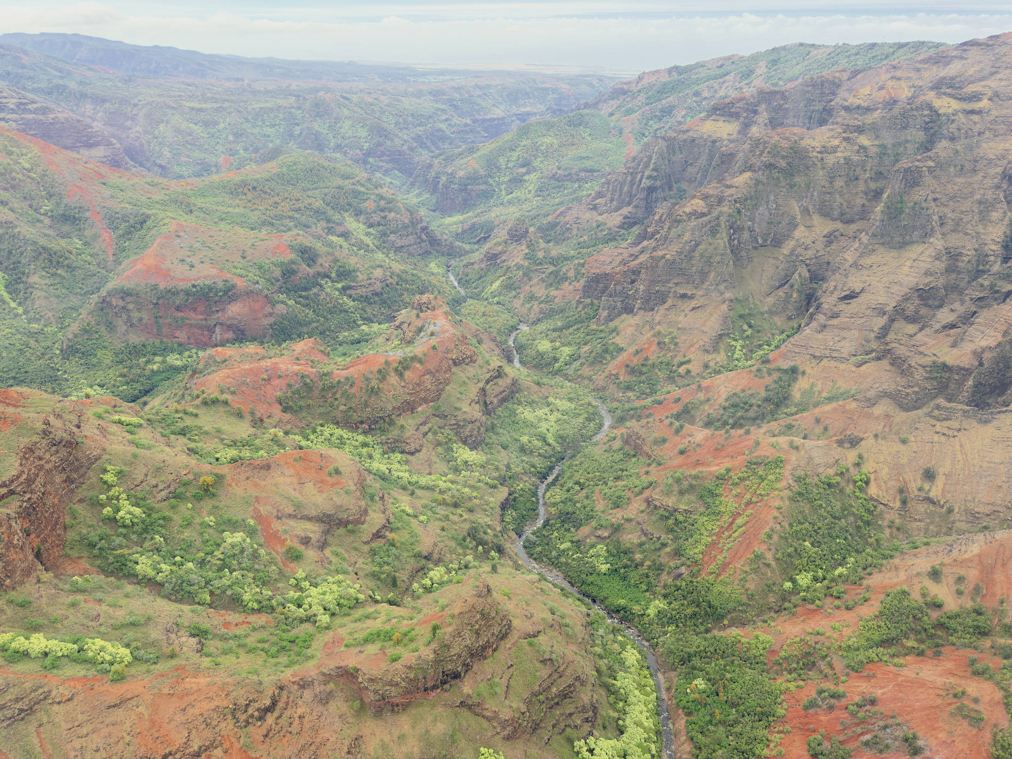 An aerial view captures a deep, winding canyon with reddish-brown rock formations, green vegetation, and a narrow river flowing through the valley floor. The rugged landscape stretches toward a distant, hazy horizon under a cloudy sky.