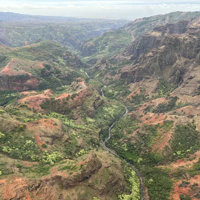 An aerial view captures a deep, winding canyon with reddish-brown rock formations, green vegetation, and a narrow river flowing through the valley floor. The rugged landscape stretches toward a distant, hazy horizon under a cloudy sky.