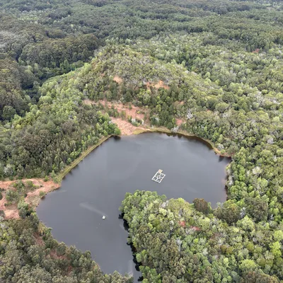 This high-angle aerial photograph captures a dark, heart-shaped lake with a small floating platform, nestled within a dense, green forest landscape. The surrounding terrain features rolling hills covered in trees and patches of reddish-brown soil.