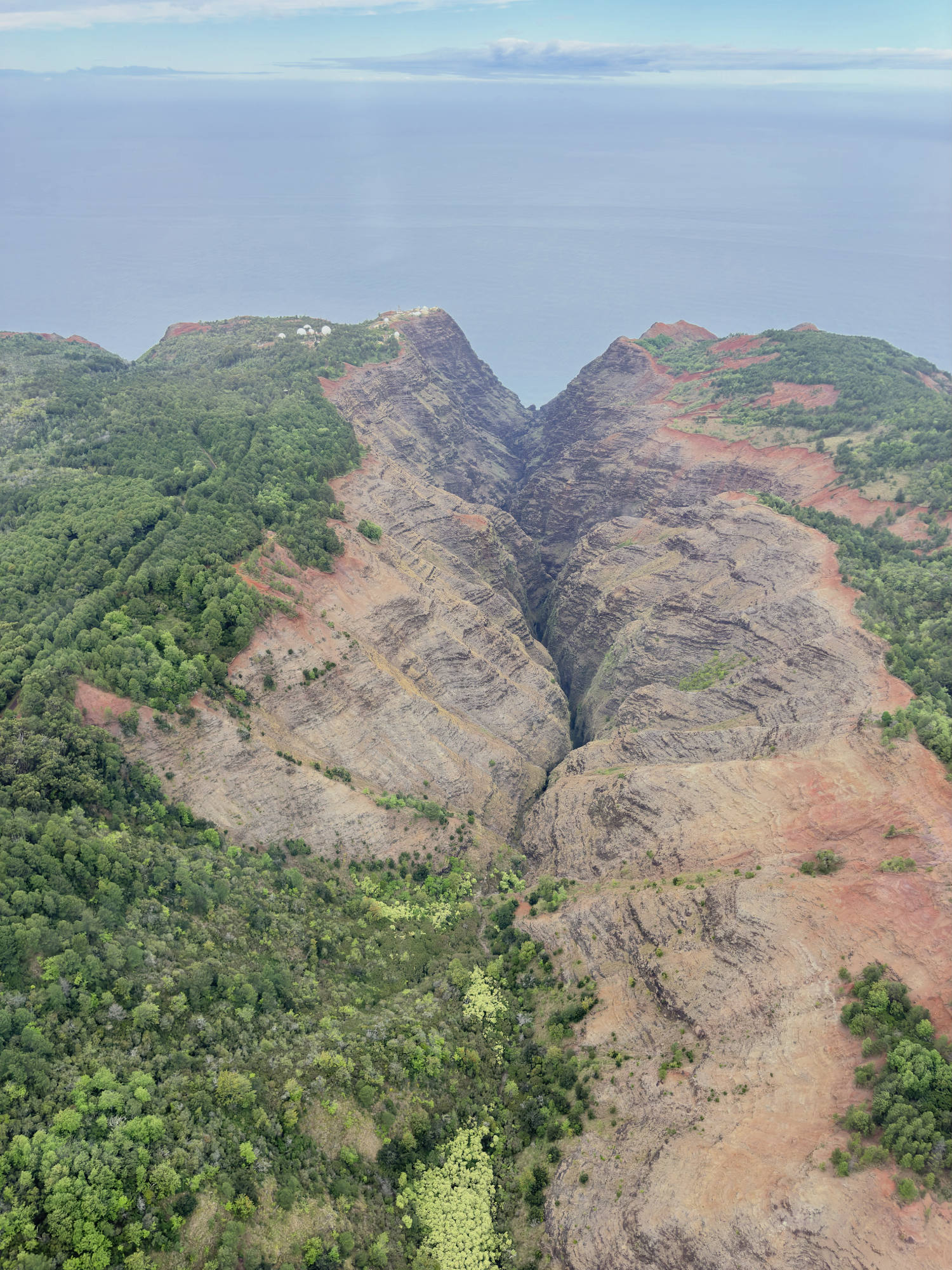 An aerial view captures a deep, rugged canyon with steep, layered rock walls and green forested ridges leading toward the ocean in the background. White dome-shaped structures are visible on a distant clifftop overlooking the sea.