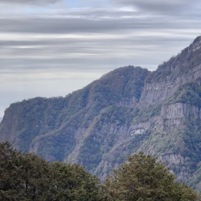 This panoramic photograph captures a vast mountain range under a cloudy, overcast sky, with steep, forested cliffs dominating the right side of the frame. In the foreground, dense green treetops line the ridge, while distant blue-toned mountains fade into the hazy background on the left.