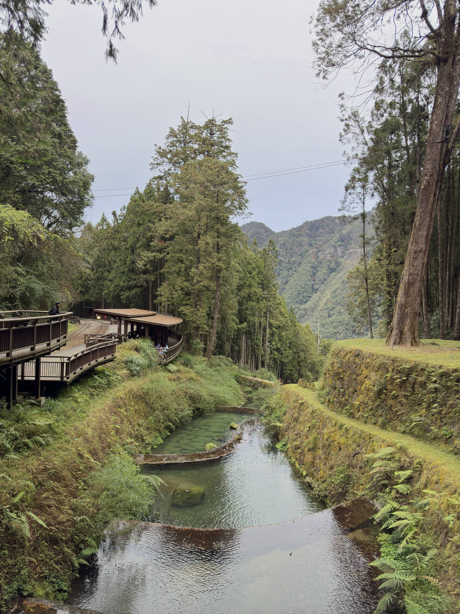 A tiered, stone-lined stream flows through a lush, forested mountain valley under an overcast sky. On the left, a wooden boardwalk and a covered train platform sit nestled among the trees, with distant mountains visible in the background.