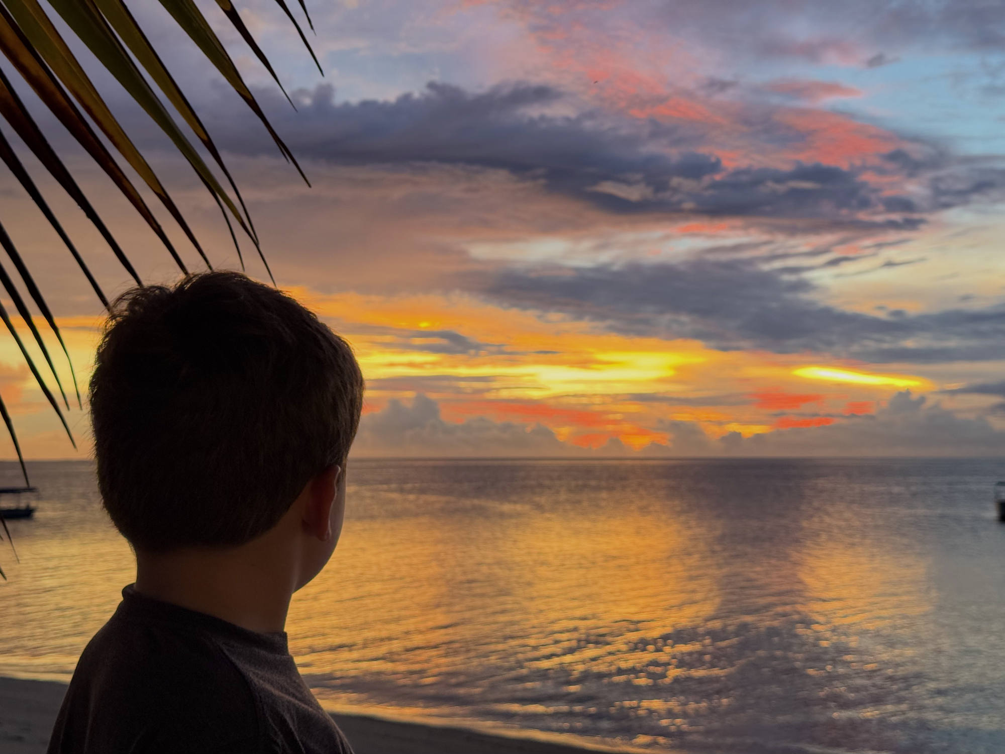 A boy is seen from behind, looking out at a vibrant sunset over the ocean from a beach. The sky is filled with colorful orange, yellow, and pink clouds, which are reflected in the calm water below.