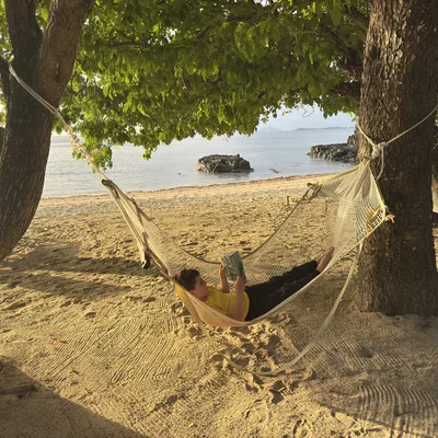A child in a yellow shirt lies in a rope hammock strung between two trees, reading a book. The scene is set on a sandy beach under the shade of leafy trees, with the ocean and a rocky shoreline visible in the background.