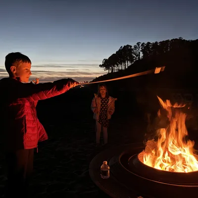 At dusk on a sandy beach, a boy in a red jacket holds a long stick over a blazing fire pit, while a girl stands in the background. The scene is illuminated by the warm glow of the fire, with a silhouetted treeline and a sunset sky visible in the distance.