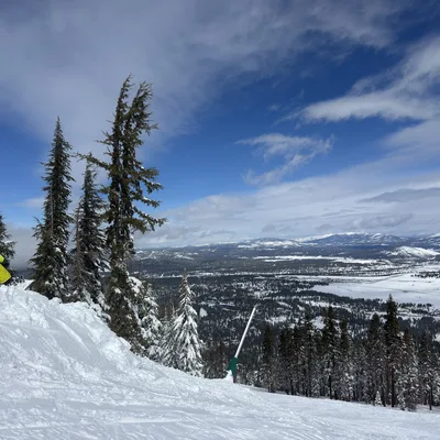 A person in a bright yellow ski jacket sits on a snowy ridge, looking out over a vast, snow-covered valley with pine forests and distant mountains under a blue sky with wispy clouds.